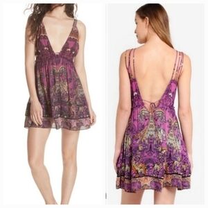 Free People “Me to You" Purple Elephant V-Neck Plunge Mini Dress, Size Small P.